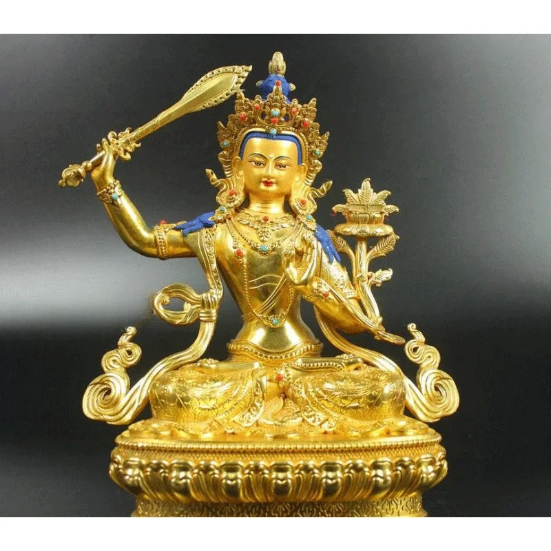 

Copper gilt 7-inch Manjushri Buddha statue, antique copper Buddha statue home offering ornament