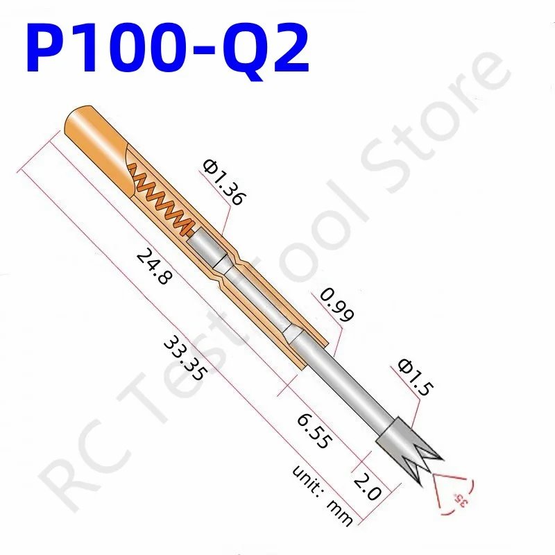 100PCS Spring Test Probe P100-Q2 4-claw Head Test Pin Head Dia 1.5mm Length 33.35mm Needle Dia 1.36mm Spring Pogo Pin P100-Q