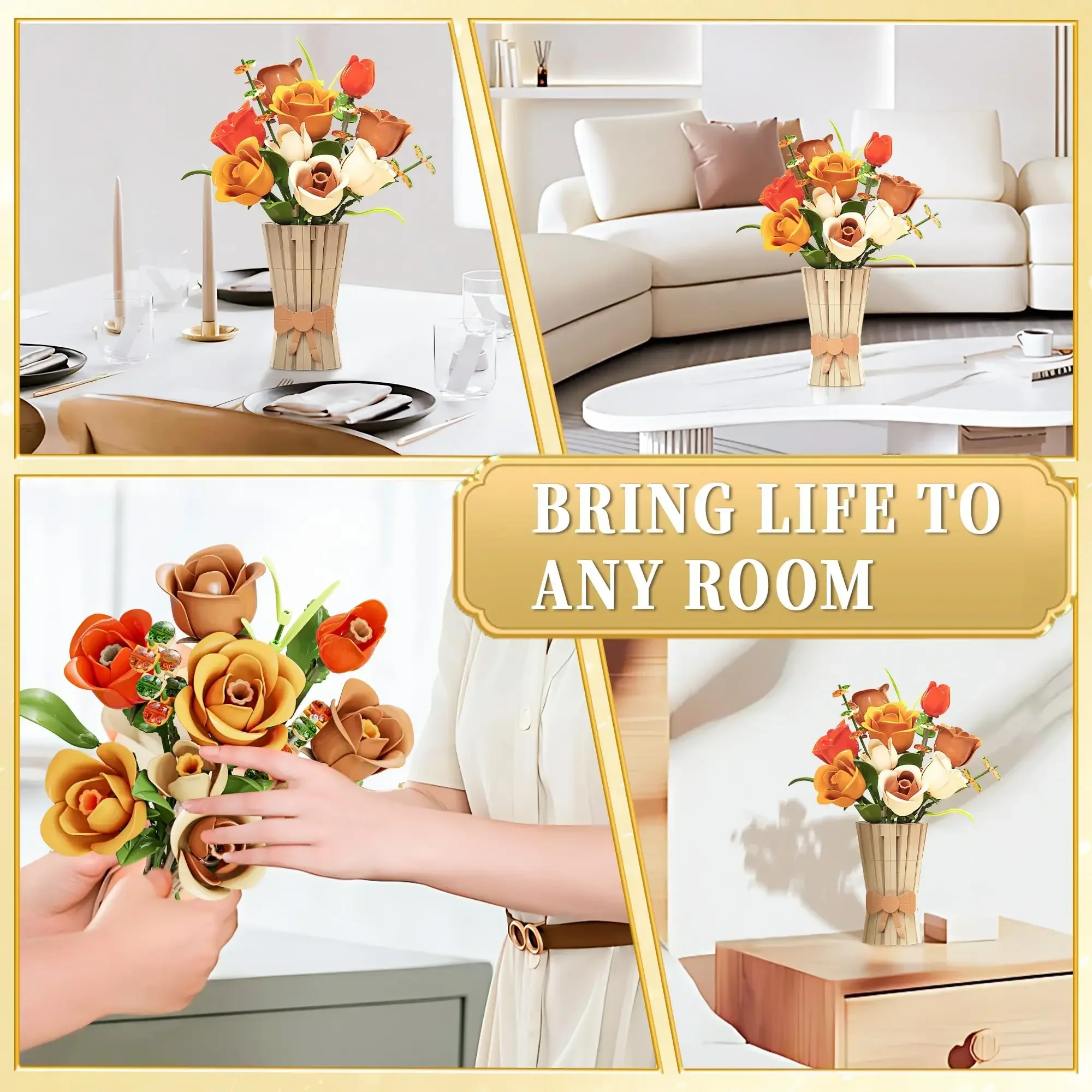 868PCS Rose Bouquet Building Blocks Eternal Flower Vase Bricks Home Decoration Girl Romantic Valentine\'s Day Gifts Kids DIY Toys