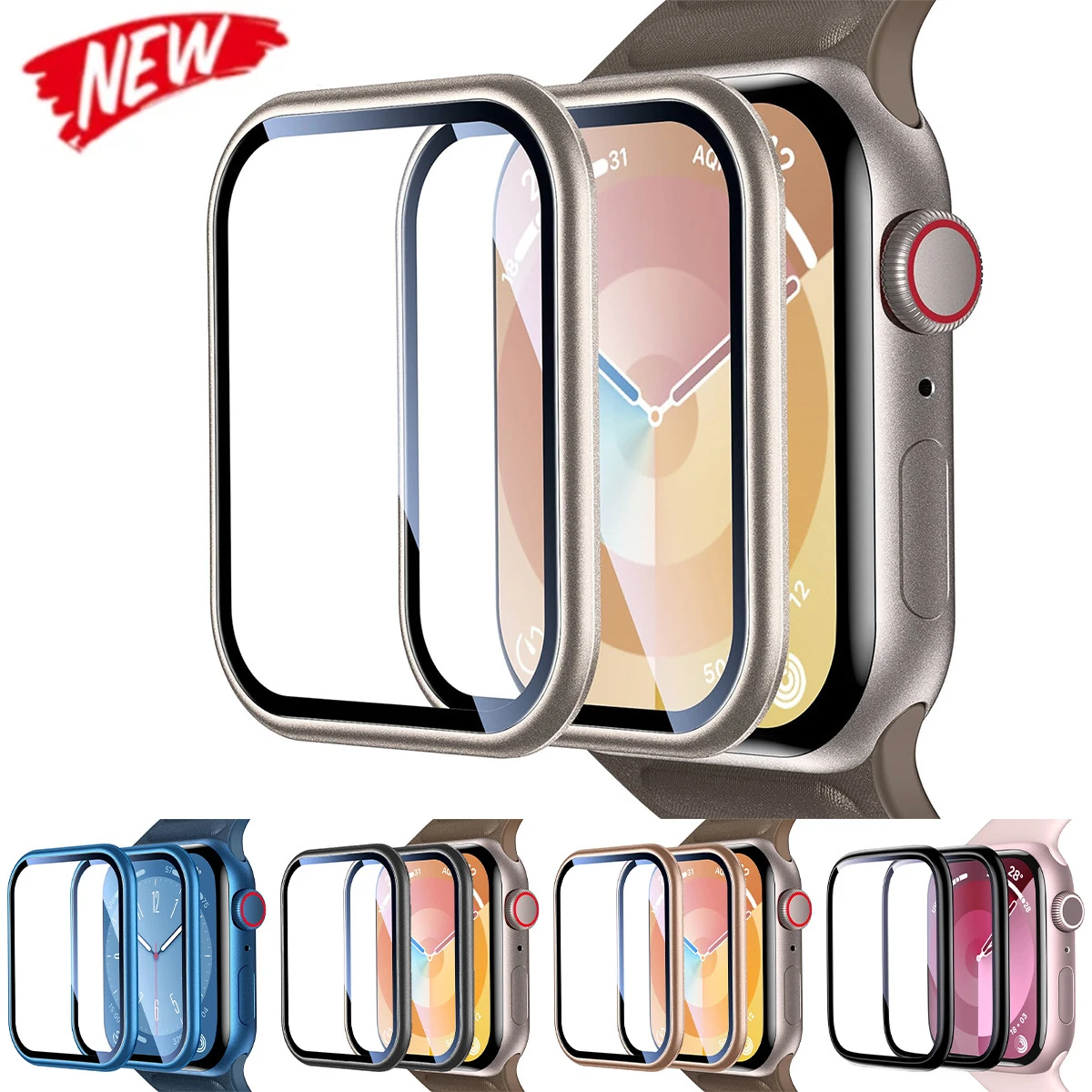 Tempered Glass Metal Bumper for Apple Watch 9 SE 8 7 6 5 4 Cover for iWatch Series 45mm 41mm 40mm 44mm Screen Protector Frame