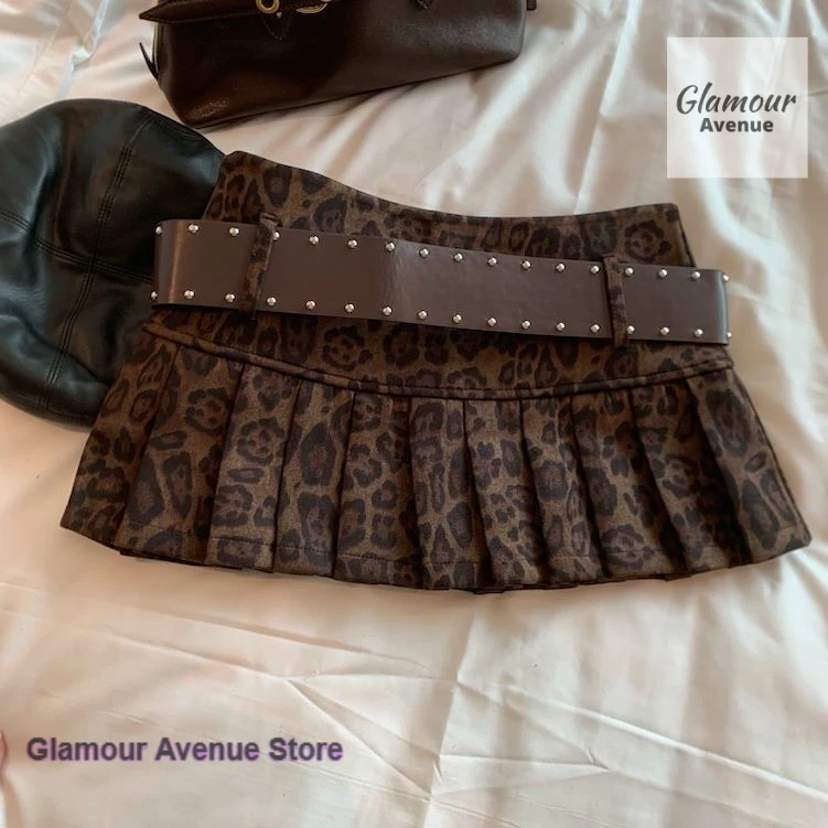 American Leopard-print Brown Spice Girls' Casual Pleated Skirt Women's New Fashion Skirt Joker Skirt in Spring and Autumn