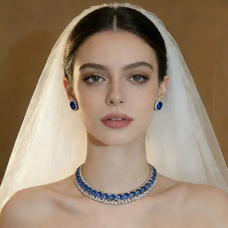 Colorful Rhinestone Bridal Jewelry Set Luxury Square Chokers Necklaces Stud Earrings for Party Prom Wedding Collection Set A