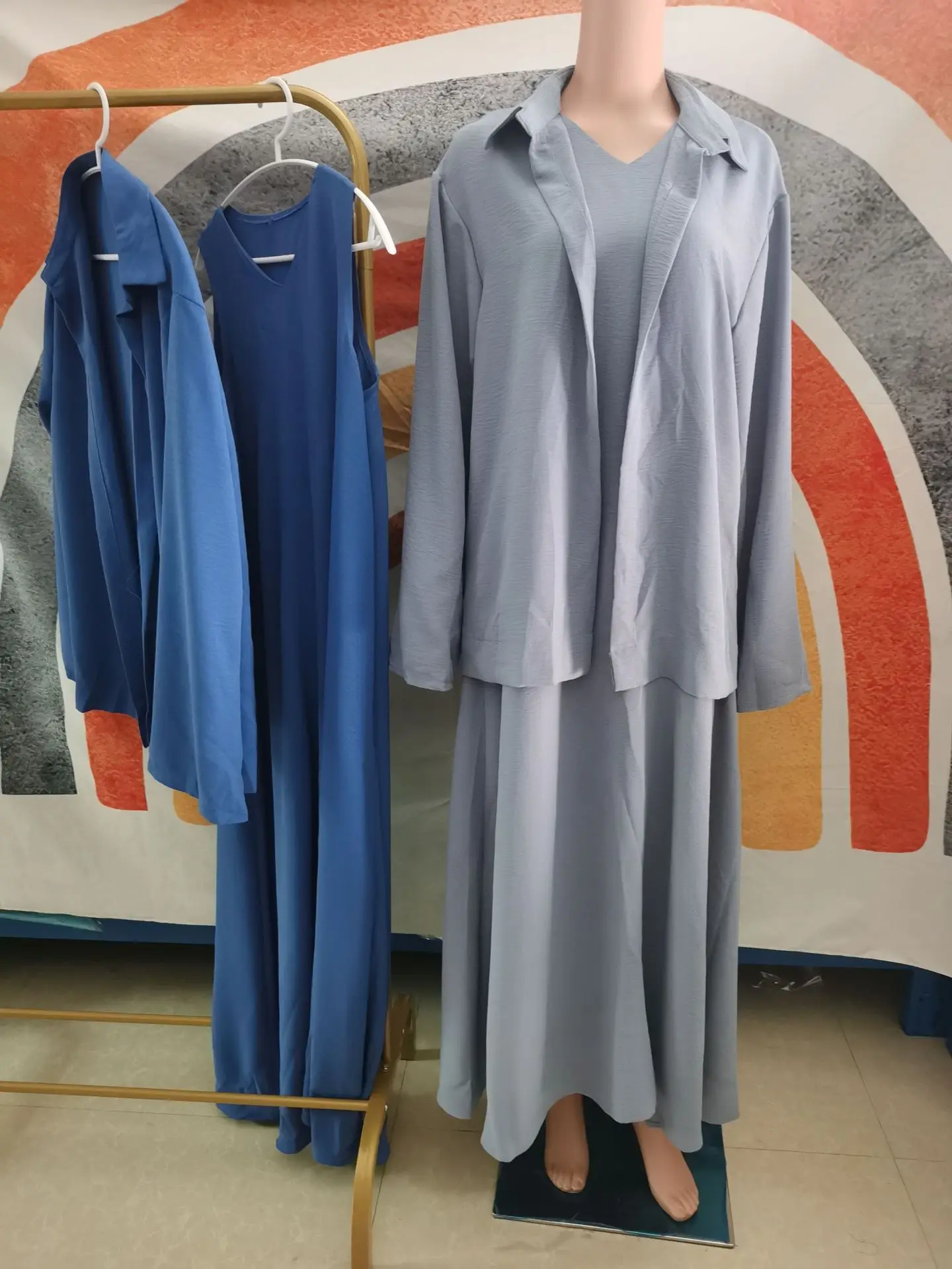 Ramadan Eid Jalabiya Suits Abaya Dubai Two Pieces Muslim Sets Dress Shirt Dubai Turkey Islam Vestidos Abayas Long Robe Suit