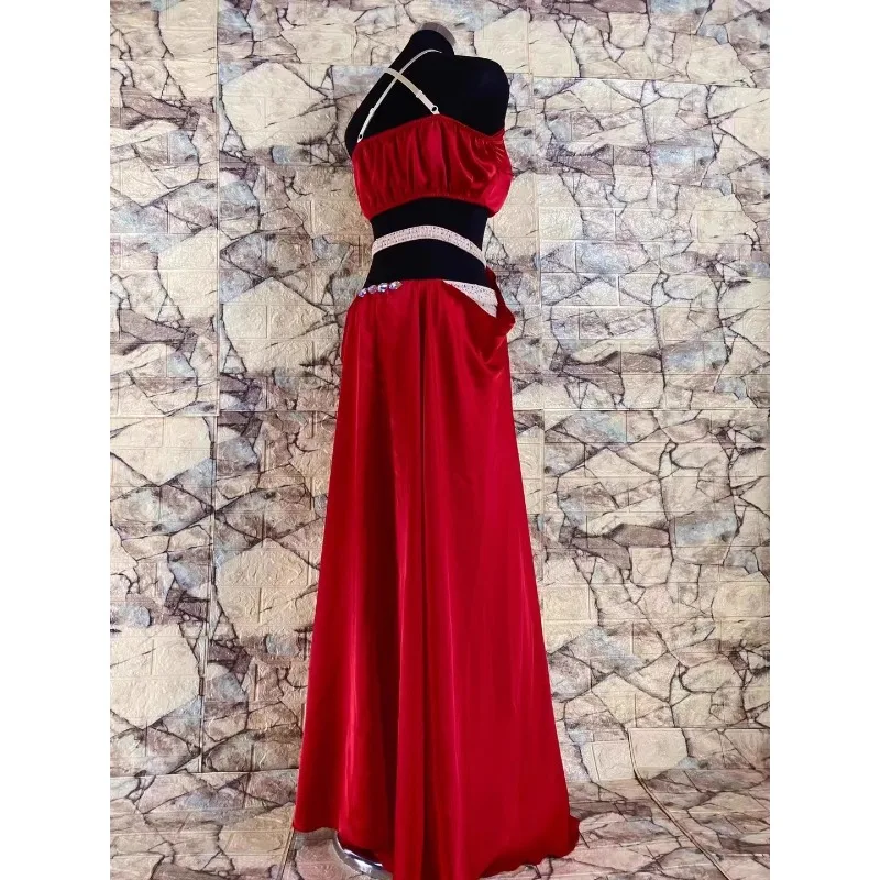 Trajes de dança do ventre personalizados, cintura de cetim, saia longa cinched + suspensório, top cheio de diamantes com almofada no peito, roupa de dança oriental