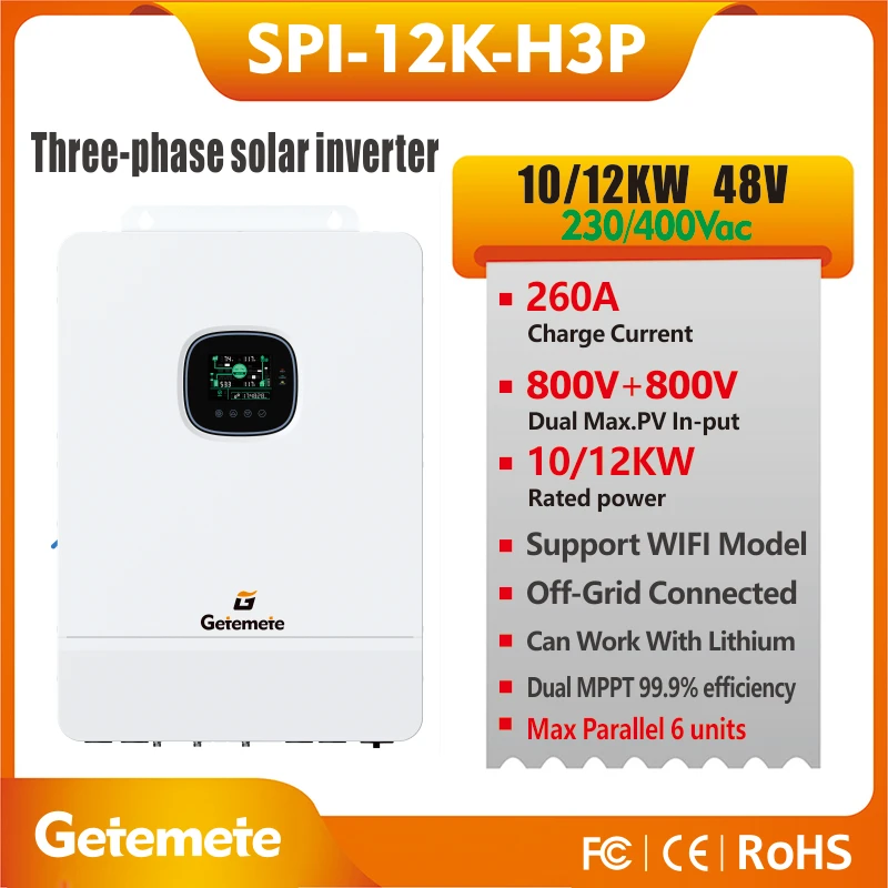 

GTMT 12KW 48V To 230/400VAC Three-phase output Dual MPPT Max 22A Charge Current Max PV 800V Max Parallel Function