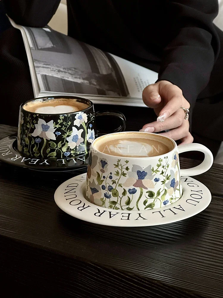 

Vintage oil painting like lily of the valley blossom coffee cup saucer hand painted latte cup set original gift ceramic cups