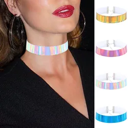 Punk Black Spilke Round PU Leather Choker Necklace for Women Hip Hop Goth Laser Light Color Necklaces Jewelry Gothic Accessories
