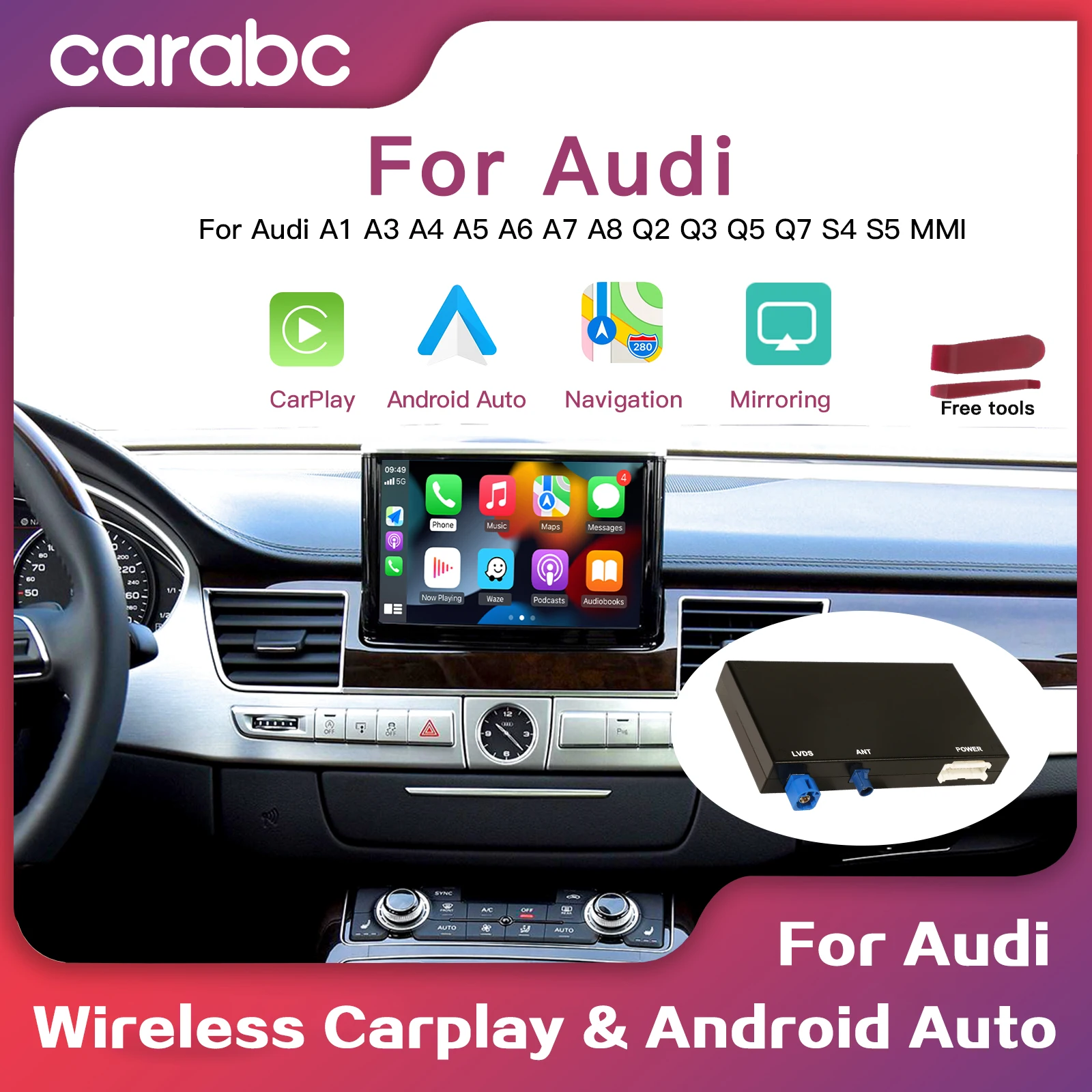 CARABC Wireless CarPlay Android Auto Modul für Audi A6 A7 2012-2018 Unterstützt Bluetooth Audio und OEM Rückfahrkamera Auto spielen