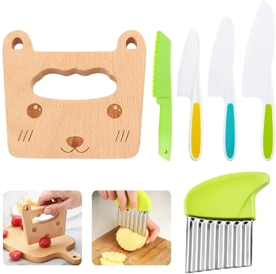 Wood Kids Kitchen Knife Toddler Knife Set Cooking Knives Vegetable Crinkle Cutter Cooking Utensils for Kids Kitchen Supplies