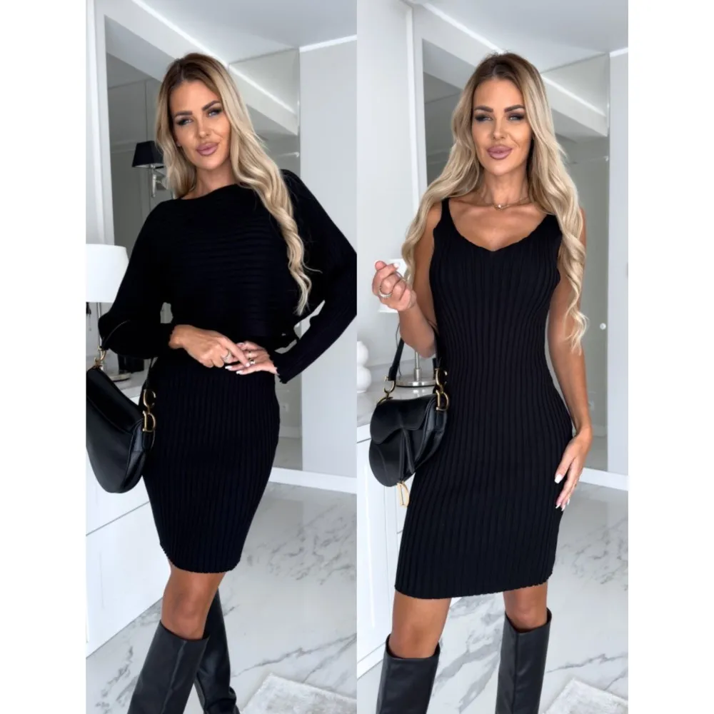 Chic Dress for Woman 2023 Winter Fashion Slim Fit Sexy Solid Two Piece Mid length Women Elegant Knitted Pit Stripe Dress Vestido