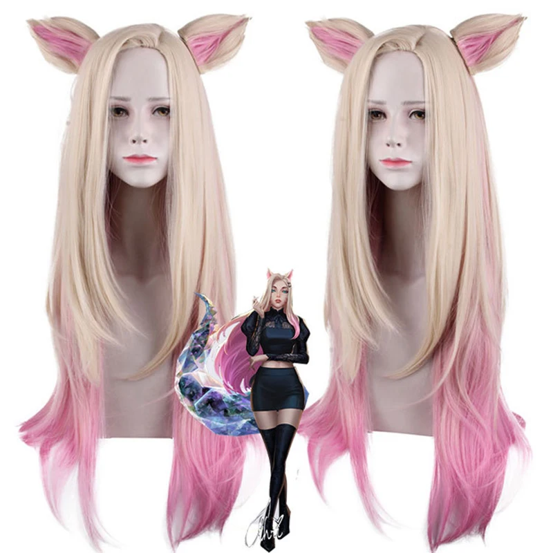 

CosplayGame KDA Baddest Ahri Cosplay Wigs Ahri Role Play Blonde Mixed Pink Wigs With Ears Heat Resistant Hair