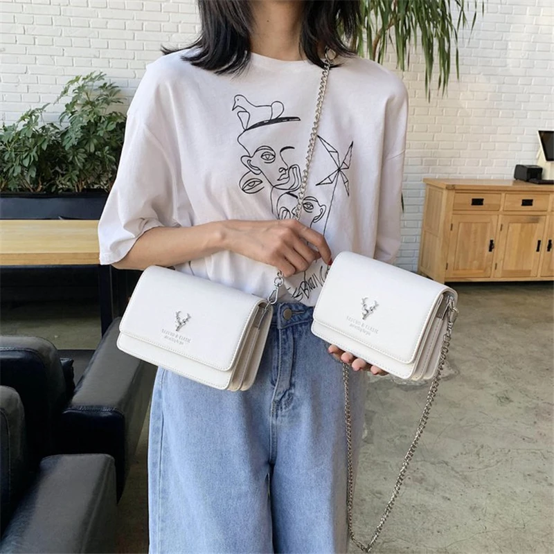 Brand Deer Head Bag Small Crossbody Bags For Women 2023 Fashion Solid Color Leather Square Handbag Women Shoulder Messenger Bag