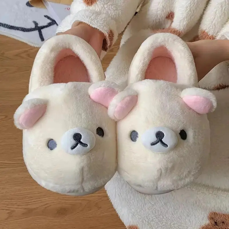 Zapatillas de algodón Kawaii Bear Rilakkuma, bonitas zapatillas planas con punta cerrada para hombres y mujeres, zapatos de invierno con dibujos animados para el hogar, calzado para parejas