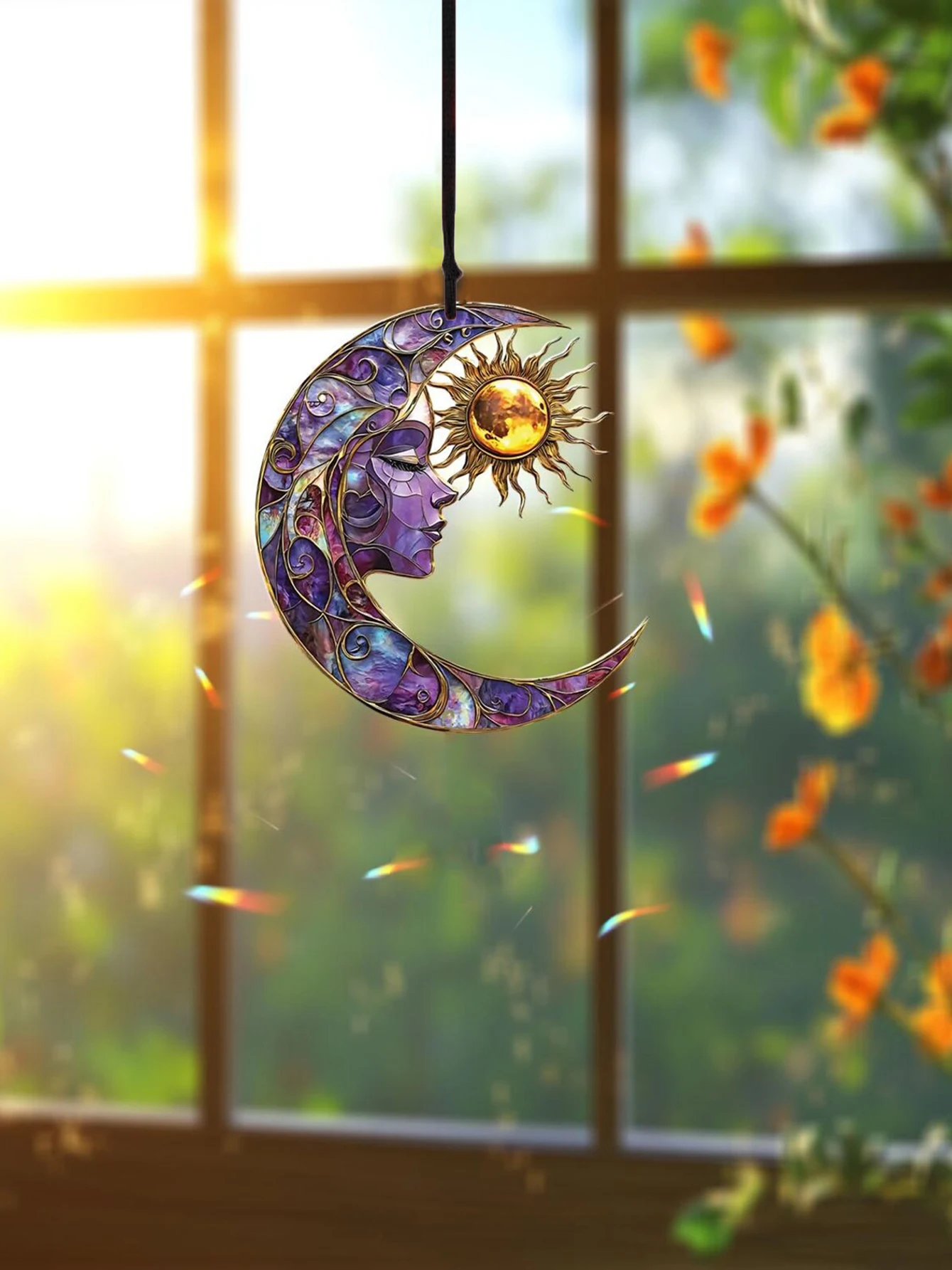 Acrylic Crescent Moon &Sun Suncatcher, Moon Face Window Hanging, Boho Solar Lunar Decor Ornament for Home Gift, Astrology Accent