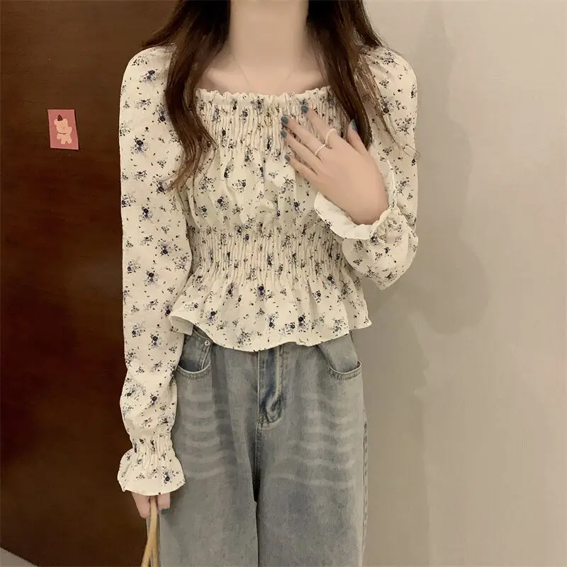 

Новая модная шифоновая блузка с воротником One Word и открытыми плечами для женщин с небольшим дизайном