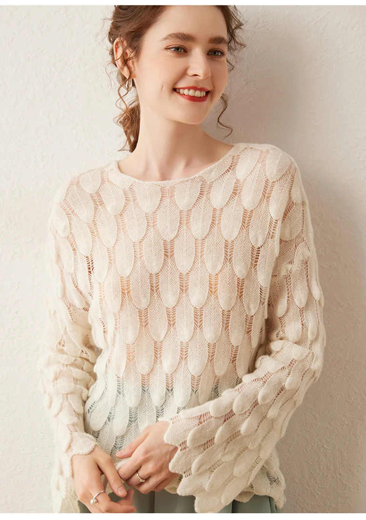 

Light feather series ~100% pure cashmere sweater women's round neck openwork sweater autumn and winter new loose sweater