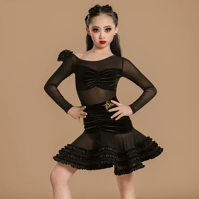 Latin Dance Kleidung Mädchen Schwarz Wettbewerb Kleid Kinder Lange Ärmel Cha Cha Dance Performance Tragen Praxis Kleid Sets