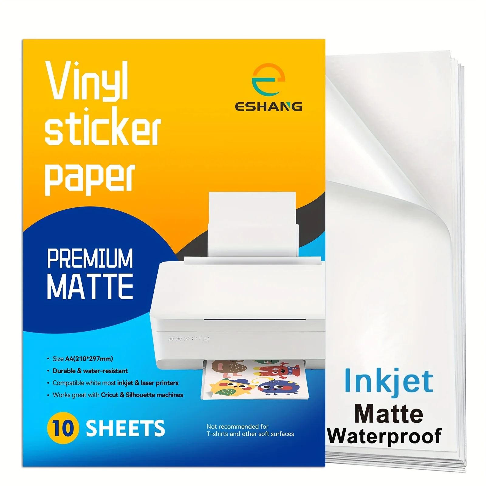 ESHANG A4 10 arkuszy Premium papier do naklejek winylowych do druku do drukarek atramentowych matowy biały wodoodporny, szybkoschnący 8,3 × 11,7 cala