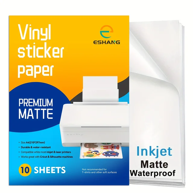 ESHANG A4 10 arkuszy Premium papier do naklejek winylowych do druku do drukarek atramentowych matowy biały wodoodporny, szybkoschnący 8,3 × 11,7 cala