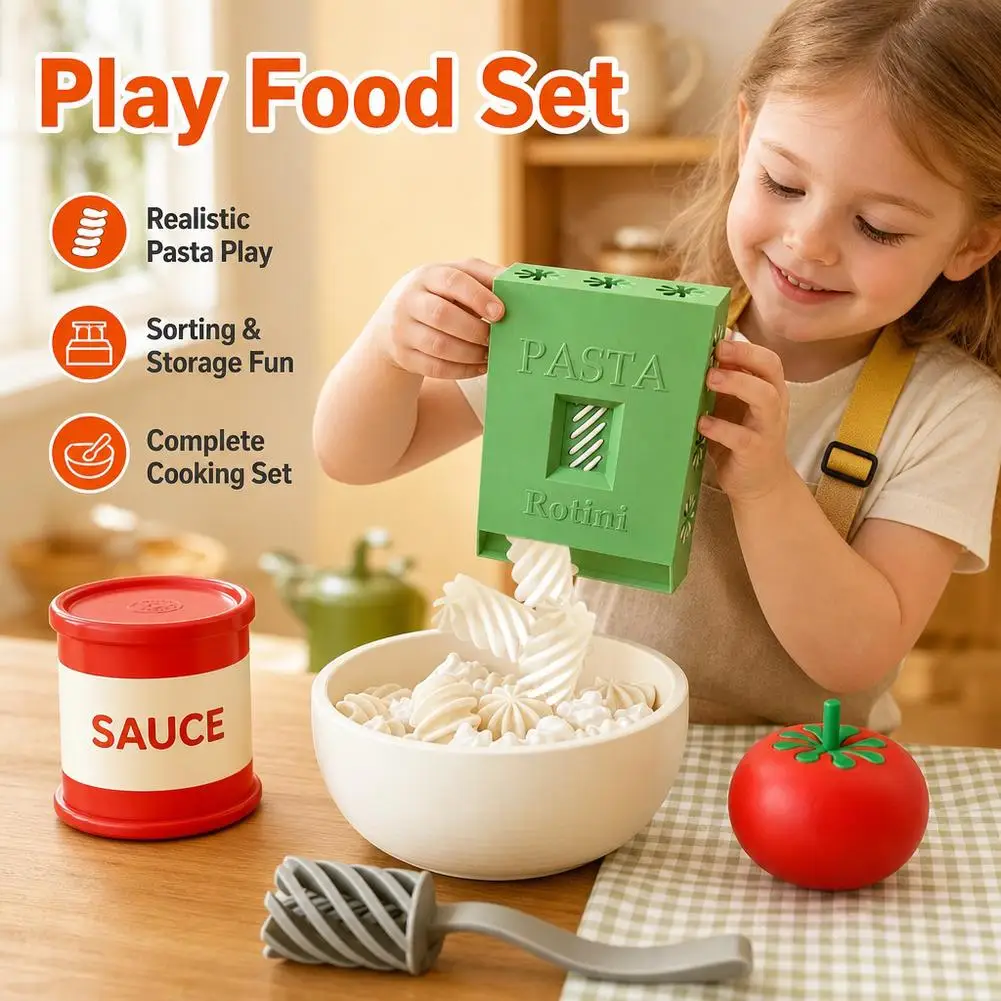 Realistic Pasta Pouring Game Toy Complete Set Including Pasta, Tomatoes, Sauce Jar, Bowl, and Fork for a Full Cooking Experience