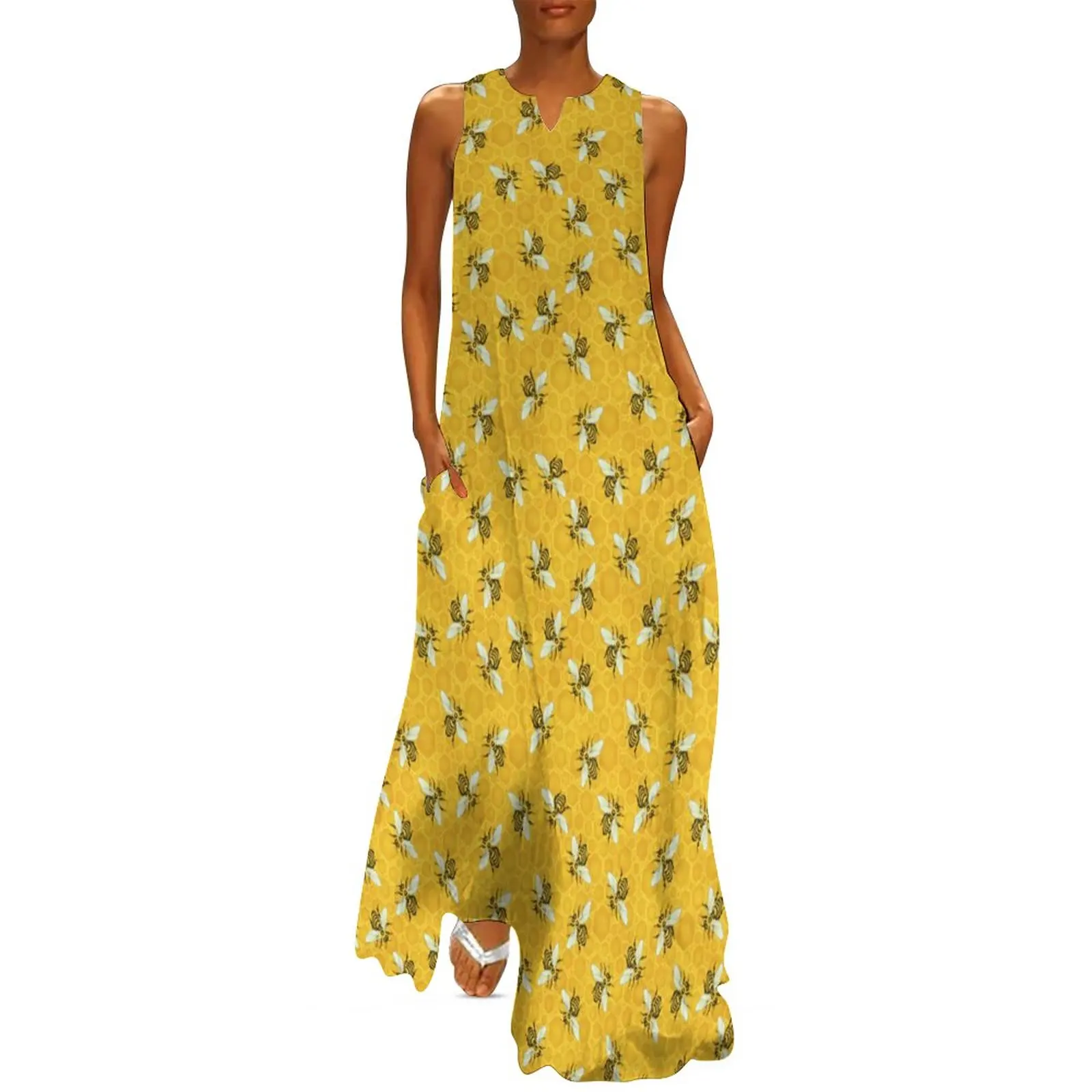 Bees Honeybees Honeycomb Dress Cute Beehive Vintage Maxi Dress Aesthetic Boho Beach Long Dresses Female Print Oversized Clothes