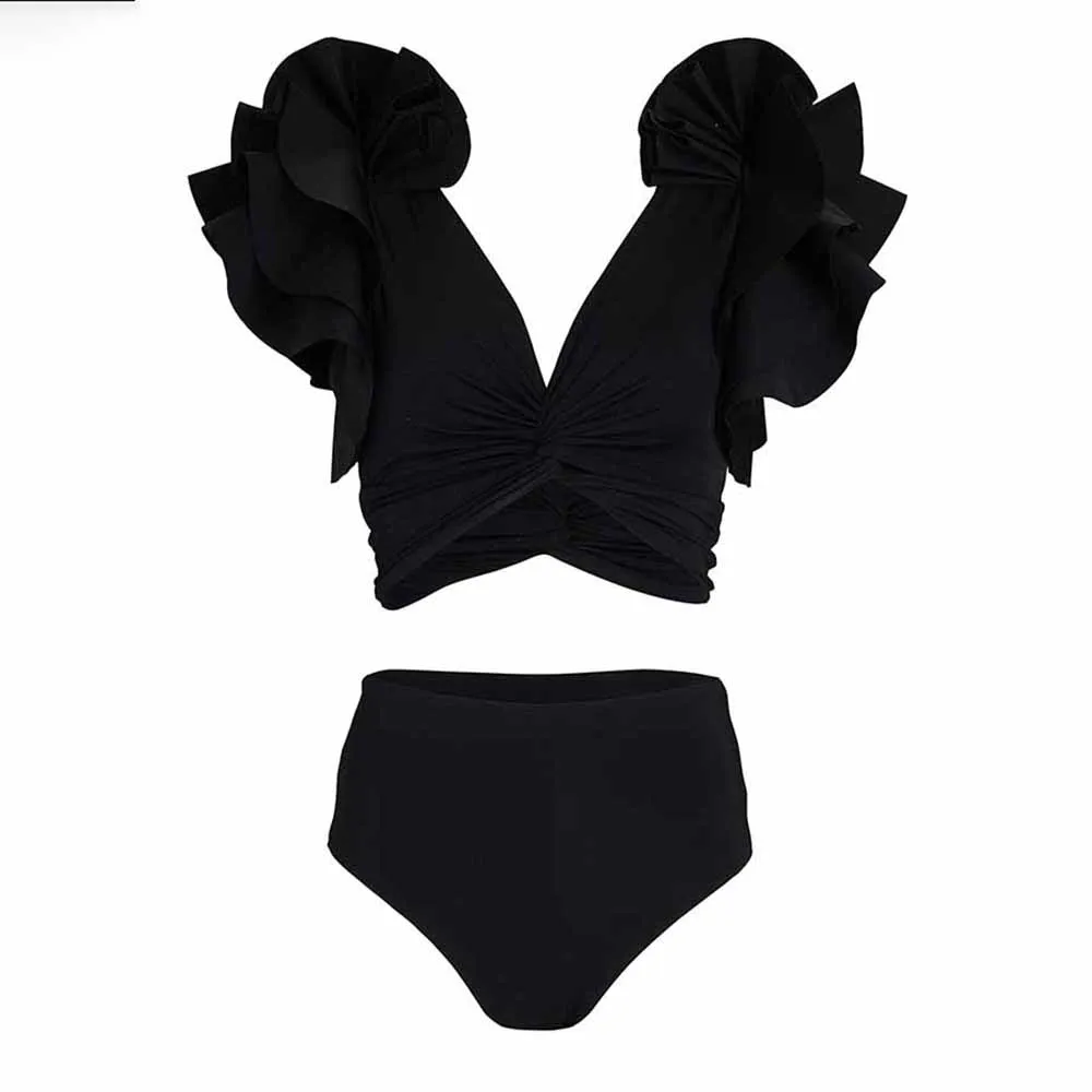 New 2022 Solid Color Deep V-Neck Ruffled Split Swimsuit Bikini Woman Slim Fit Elegance  Fashion Pieces for Beach Dress