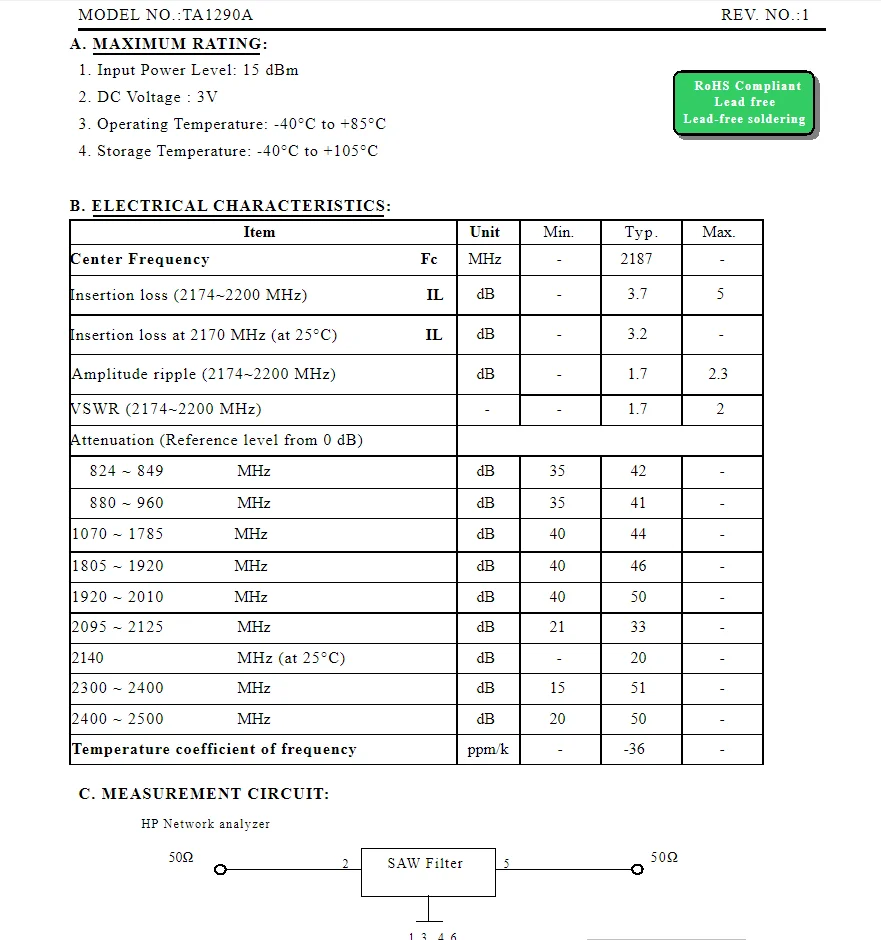 (10PCS) TA1290A 코드 SM 새로운 정품 2187MHz 패키지 SMD SAW 필터 재고 있음