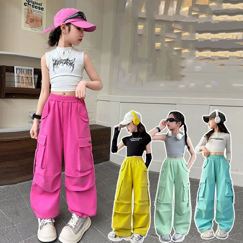 

4-14Y Kids Hip Hop Joggers Pants Girls Cargo Pants Teenage Straight Trousers High Waist Vintage Casual Streetwear Baggy Pants