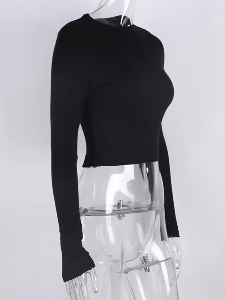 O Neck Long Sleeve Shirt for Women, Ribbed Sexy Cropped Tops, 2024 Spring Black Casual Skinny Slim Basic T-Shirt, White