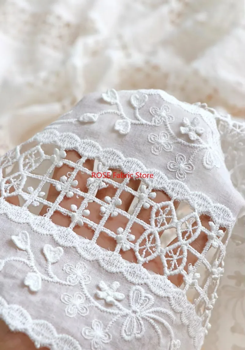 White Cotton Cloth Openwork  3D Embroidery Lace Fabric Handmade DIY Clothes Sewing Accessories Width 125cm
