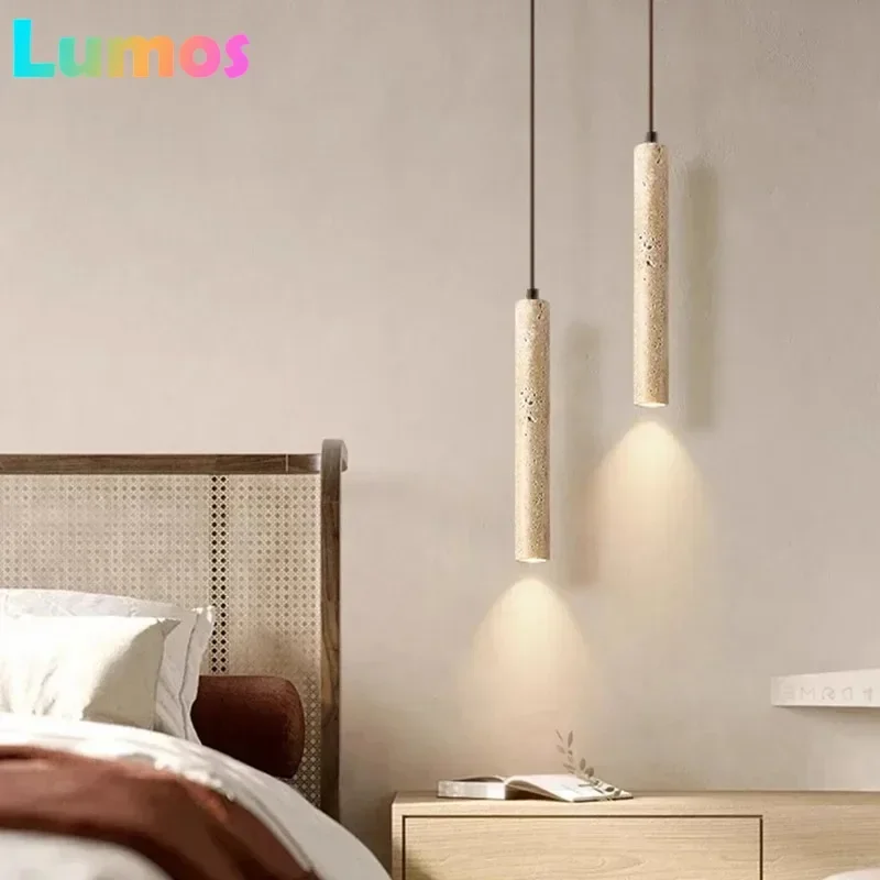 

Nordic Minimalist Design Restaurant Led Decorative Chandelier Yellow Travertine Cylindrical Home Bedside Pendent Lamp