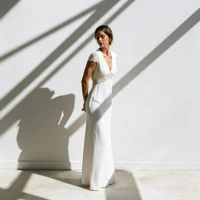 Simple Mermaid Bridal Gown Deep V Floral Lace Cap Sleeve Sheer Waist Cutout Back Buttons Soft Chiffon Custom Beach Wedding Dress - Image 3