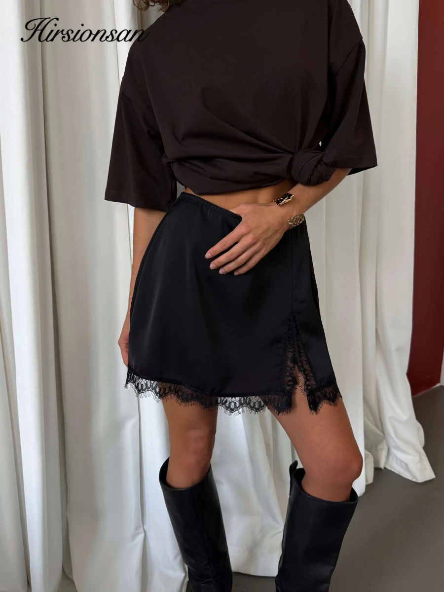High-Waist Satin Mini Skirt with Lace Trim for Women