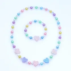 2pcs Girls' heart-shaped decorated beaded necklaces and bracelets are worn daily throughout the four seasons in random