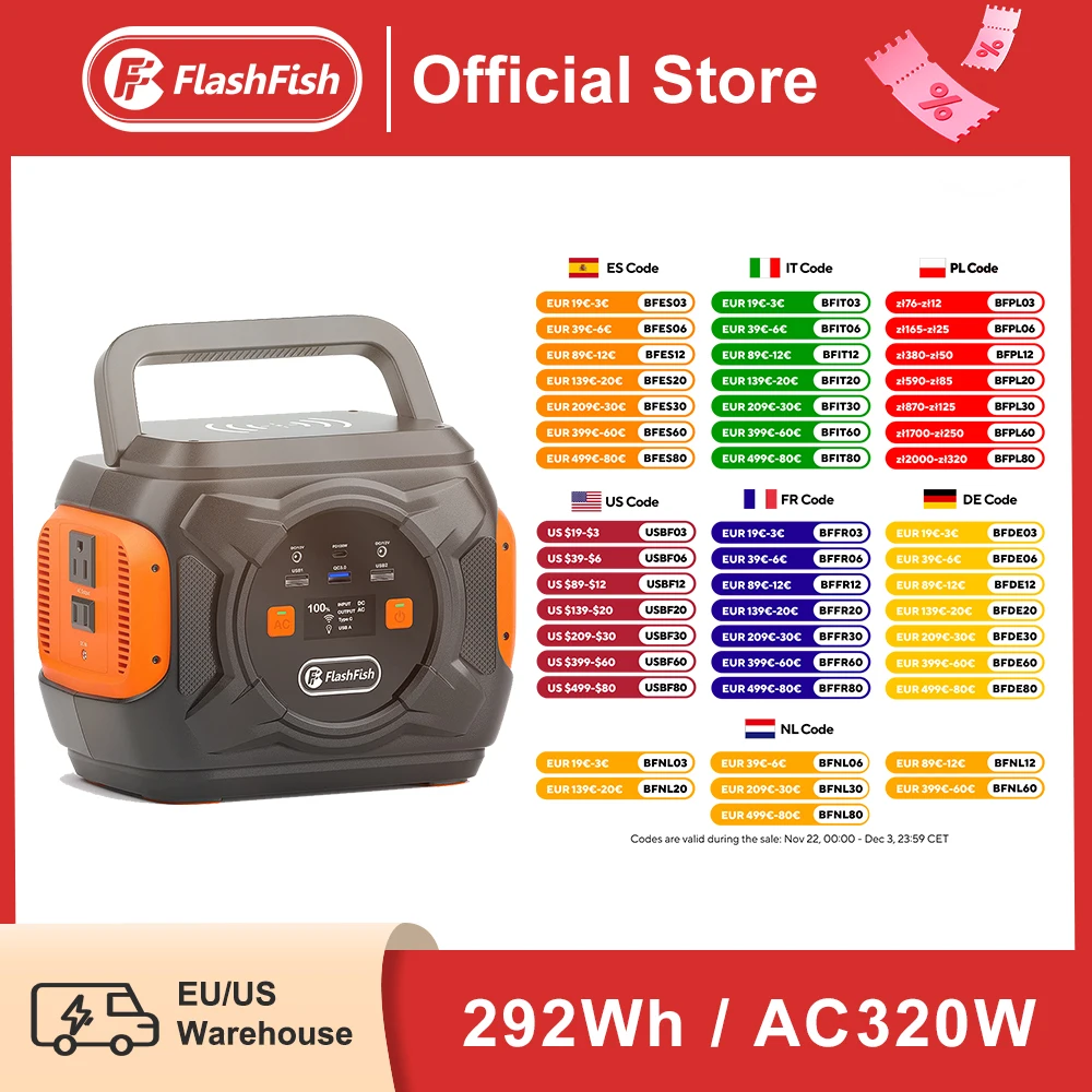 FF Flashfish 110V แบบพกพา Power Station 320W พลังงานแสงอาทิตย์ 292Wh แบตเตอรี่ลิเธียม AC Type-C แบตเตอรี่ Charger power Bank