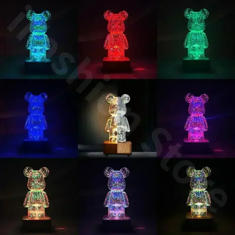 3D Bear Firework LED Night Light, USB Lâmpada do Projetor, Mudança de Cor, Ambiente, Adequado para Quarto das Crianças, Decoração do Quarto