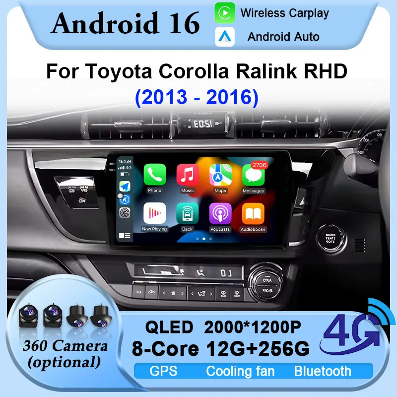 Radio Multimedia para Auto con CarPlay Inalámbrico para Toyota Corolla Ralink 2013-2016 (Volante a la Derecha), Reproductor Android con Pantalla Táctil IPS de 16 Pulgadas, Unidad Principal con GPS