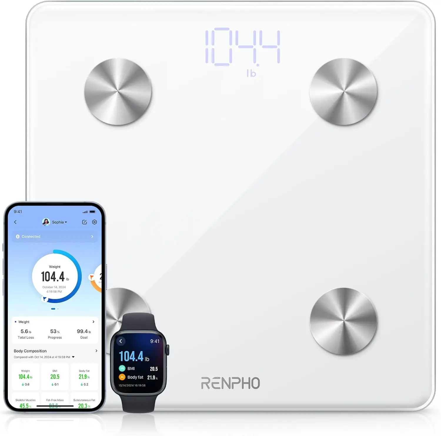 

Smart Digital Bathroom Scale with BMI, Body Fat, Muscle Mass Analysis, Bluetooth App Sync, Highly Accurate up to 400lbs in White