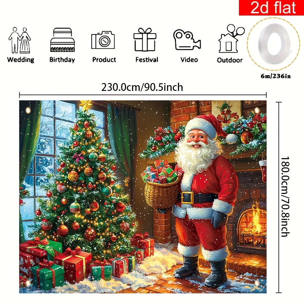 1 لافتة خلفية للتصوير الفوتوغرافي لعيد الميلاد المجيد - تصميم سانتا كلوز وشجرة عيد الميلاد، مع 4 فتحات لسهولة التعليق #4