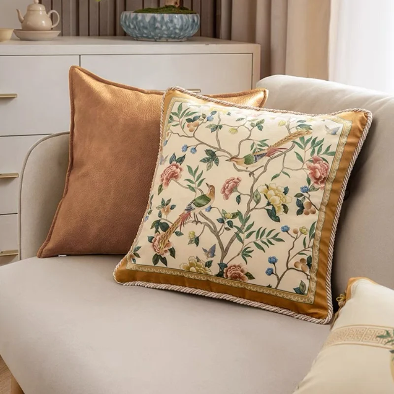 Chinese Flora Birds Pillows Retro Velvet Cushion Case Luxury Brown Elegant Decorative Pillow Cover For Sofa Chair Home Decorate