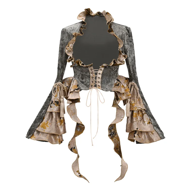 Veste courte à motif d'échelle de dentelle à glands dorés gothiques originaux, approvisionnement en sang, manches longues volantes, cardigan mince, printemps