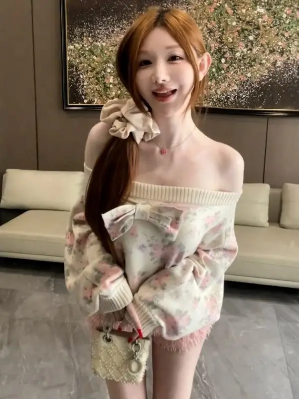 

Вязаный свитер Sweet Sle с цветочным узором на одно плечо, женский, для ранней весны, свободный, стройнящий, молодежный вязаный топ