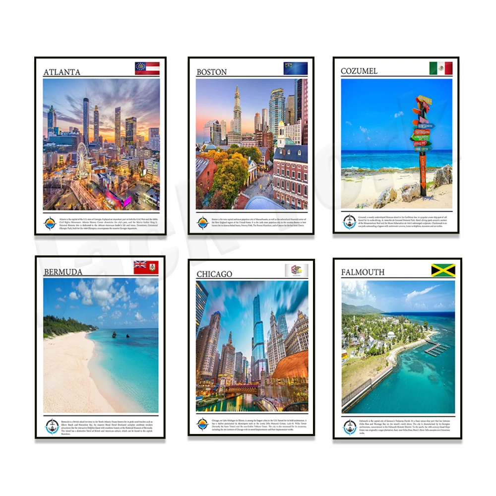 

Chicago, Texas, Mexico, Yucatan Peninsula, Massachusetts, Caribbean Sea, Jamaica Falmouth, Bahamas Vacation Travel Poster