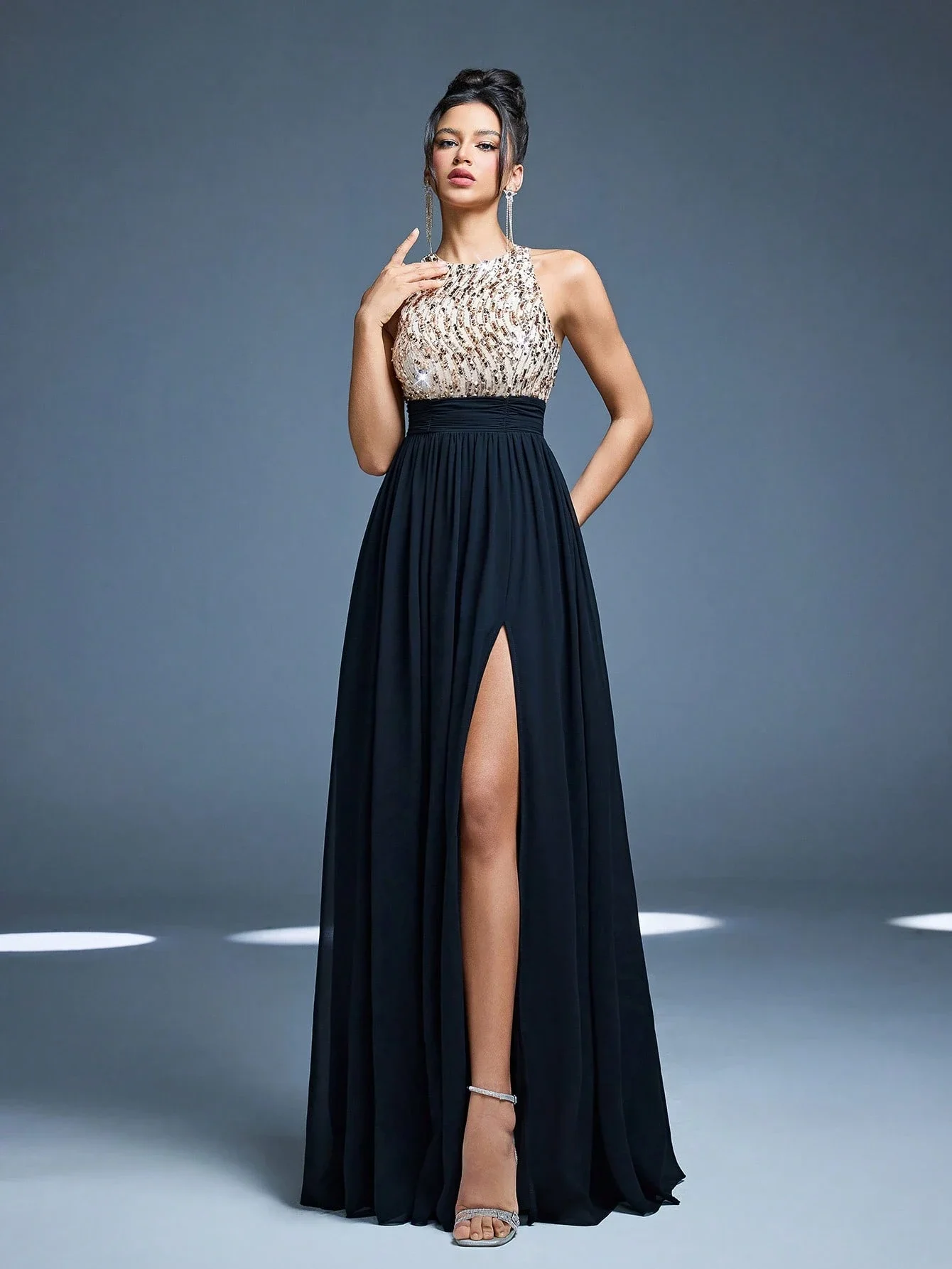

High Neck Halter Evening Gown Sequin Bodice High Slit A-Line Floor Length Dress