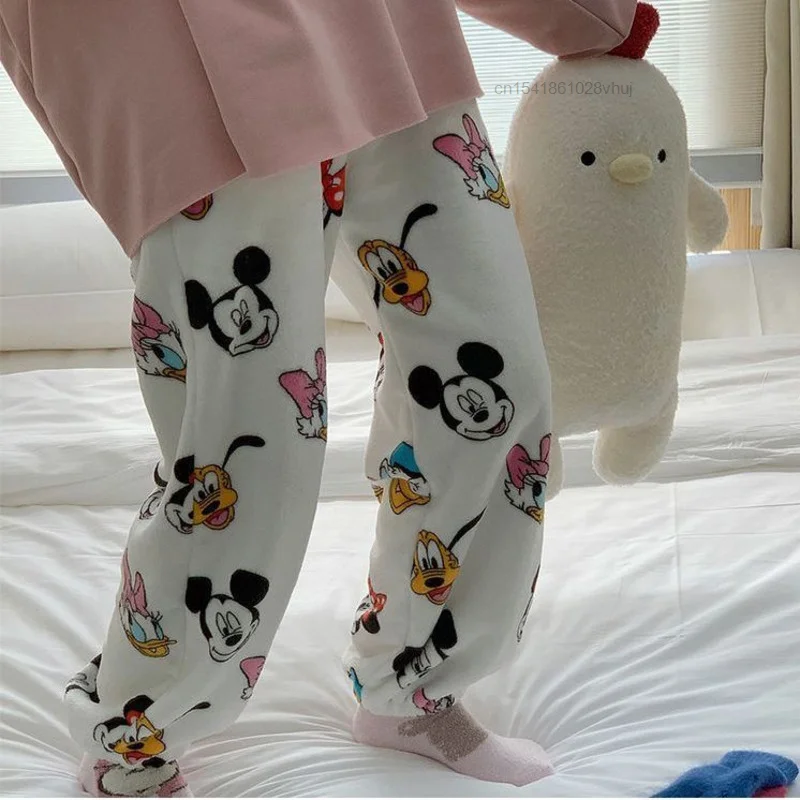 Disney Mickey Mouse New Style Flannel Pajamas Pants White Women Soft Plush Trousers Y2k Clothes Kawaii Female Casual Home Pants