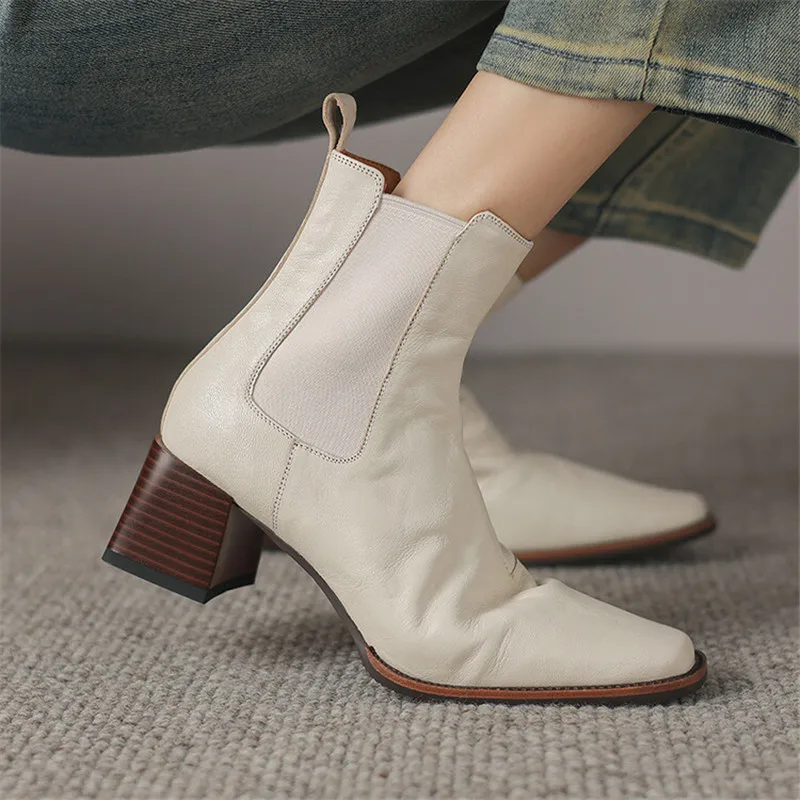 New Autumn Winter Genuine Leather Women Boot Fashion Boots Square Toe Chunky Heels Boots for Women Zapatos Mujer High Heels