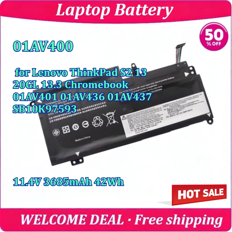 New 01AV400 Laptop Battery for Lenovo ThinkPad S2 13 20GL 13.3 Chromebook 01AV401 01AV436 01AV437 SB10K97593 11.4V 3685mAh 42Wh