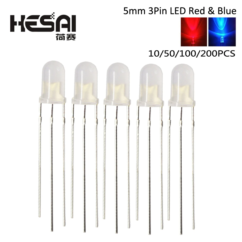 10/50/100/200PCS F5 5MM Round Fog Two Color Common Anode LED Red & Blue Bi-Color 3 Pins Light Emitting Diode