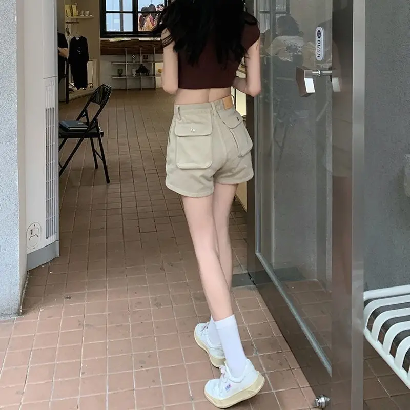 Khaki Shorts Cargo Summer Thin High Waist Big Pockets American Sweet Loose Sexy All-match Clothing Solid Daily Aesthetic Mujer