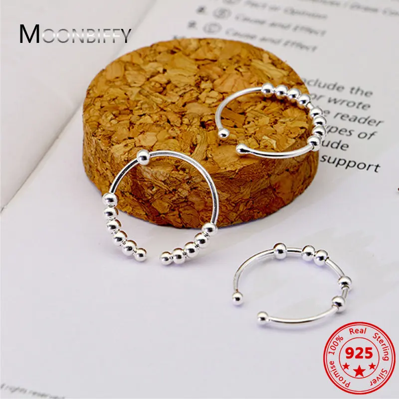 

2026 New 100% True 925 Sterling Silver Ladies Men's Free Spin Stress Anxiety Ring Sterling Silver Fidget Beads Adjustable Ring